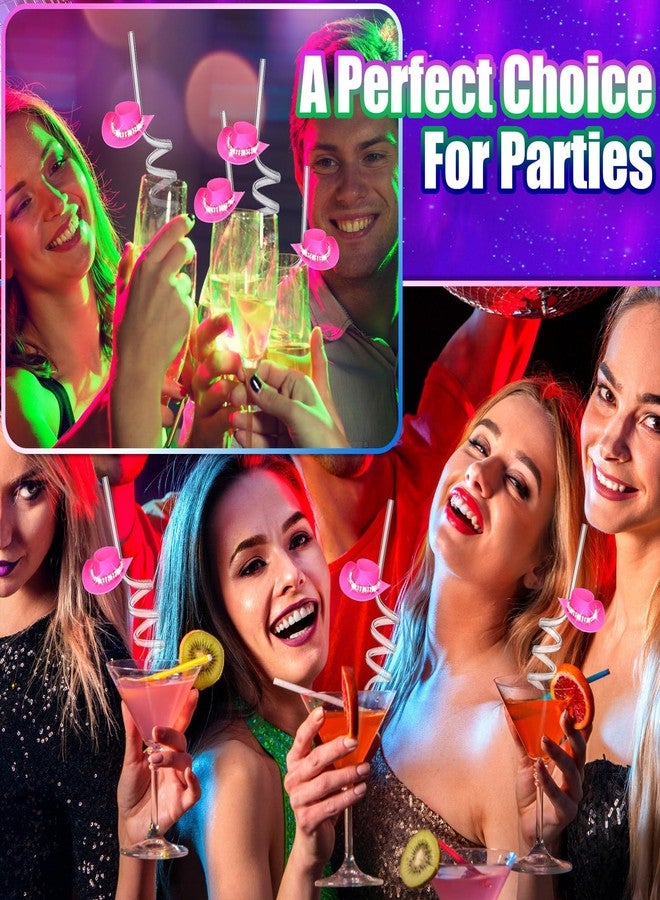 FillTouch 24 Set Bachelorette Cowboy Hat Straws, 70s Mini Disco Rhinestone Cowgirl Western Hat Bling Bend and Glitter Cocktail Straws for 1970s Holiday Wedding Party Decorations(Pink) - Image 2